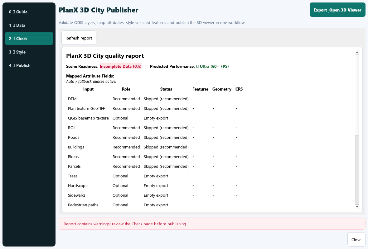 PlanX 3D City Publisher Check Tab