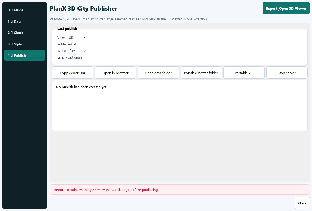 PlanX 3D City Publisher Publish Tab