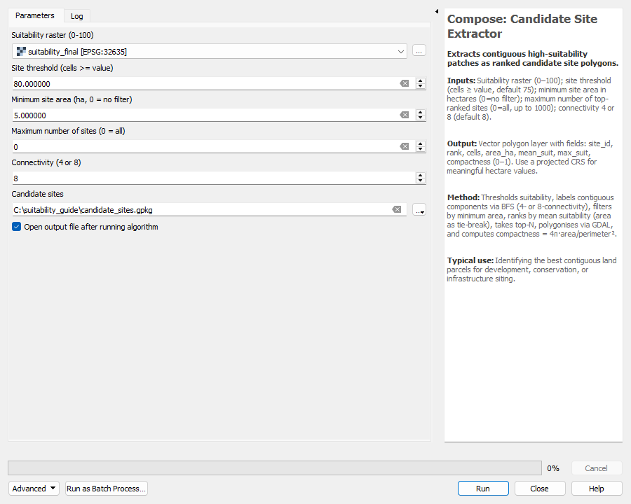 Candidate Site Extractor dialog