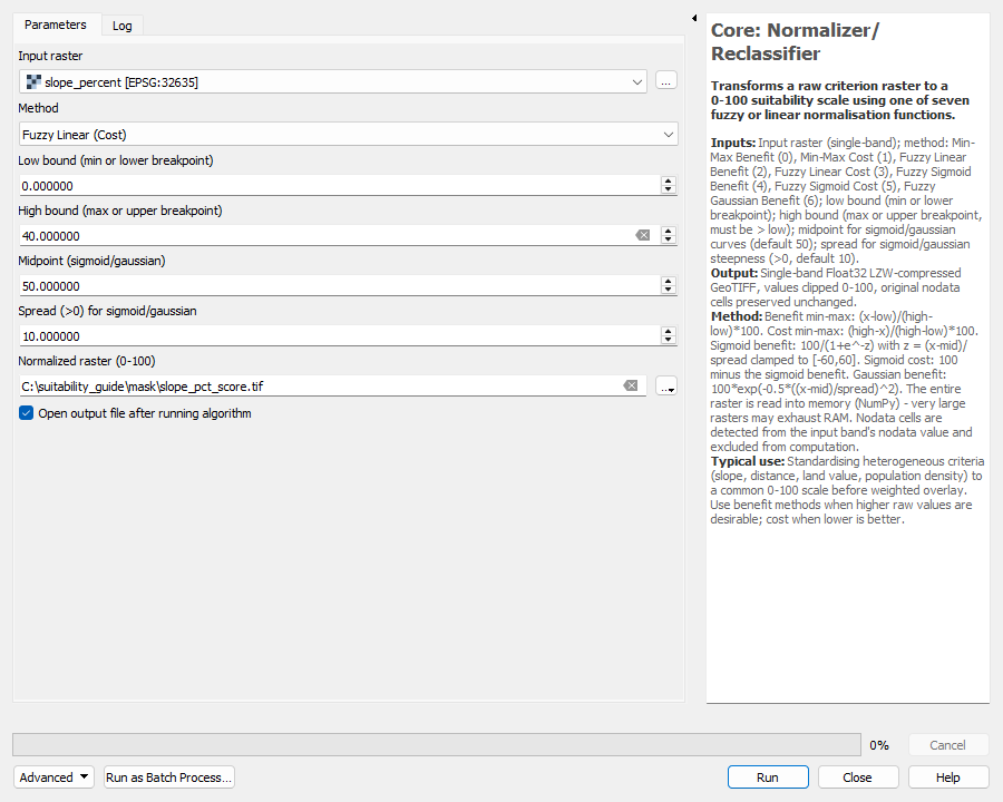 Normalizer dialog for the slope mask