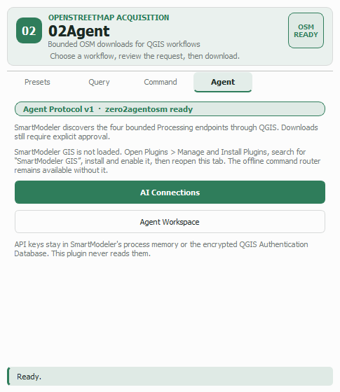 The Agent tab showing the Agent Protocol v1 endpoint badge, the 02Agent Smart Modeler connection status, and the AI Connections and Agent Workspace buttons.