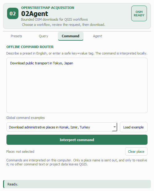 The Command tab with the sentence Download public transport in Tokyo Japan entered, the global examples list and the Interpret command button.