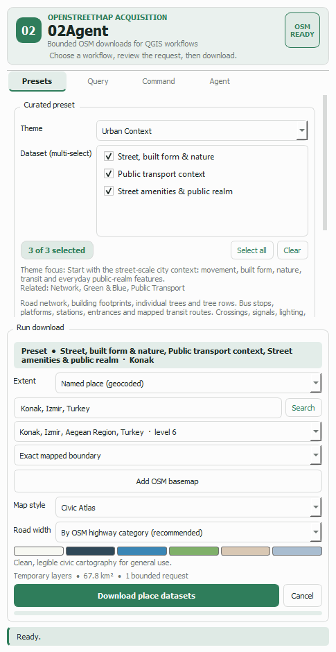 The Run download panel with the extent list, place search, map style, road width, palette preview, the live request estimate and the Download button.