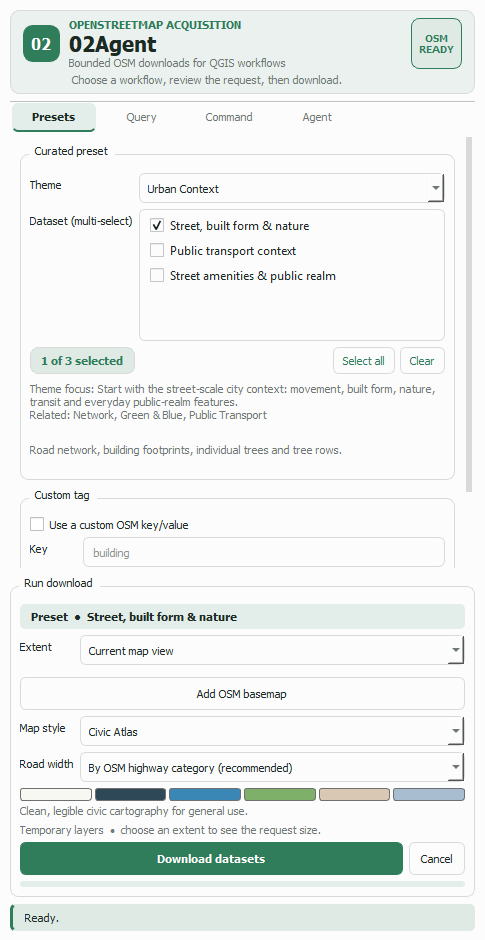 The 02Agent dock on the Presets tab, showing the Urban Context theme with its three datasets and the Run download panel below.