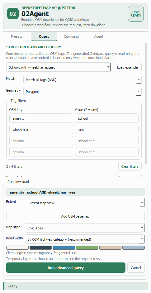 The Query tab with the example list, match mode, geometry scope and four pairs of OSM key and value fields.