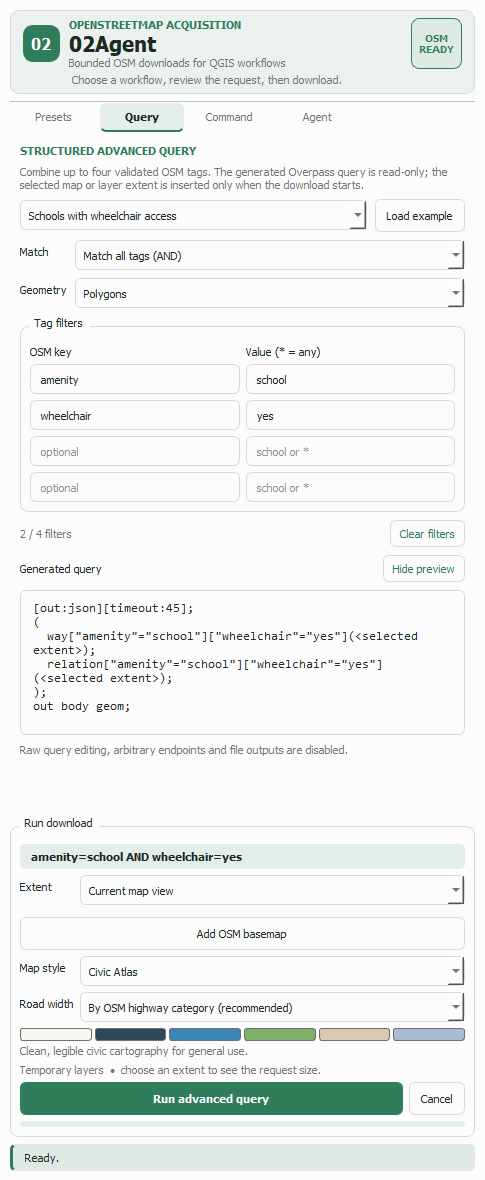 The Query tab with the preview expanded, showing the generated Overpass query for amenity=school and wheelchair=yes as ways and relations.