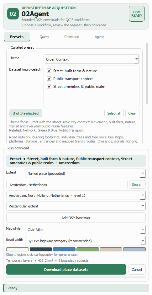 The run panel with Amsterdam selected as a rectangular extent, showing the estimate 406.2 square kilometres and 6 bounded requests.