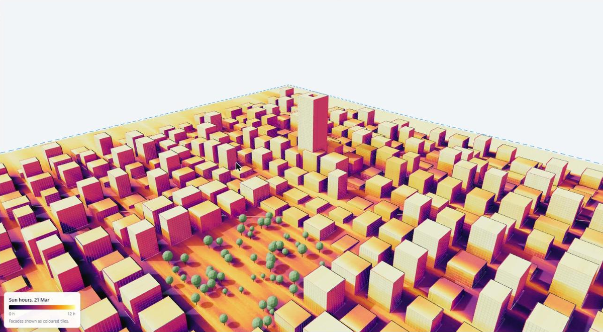 Sun hours computed on the ground, roofs and facades of a district in 02 Geo3D Analyzer